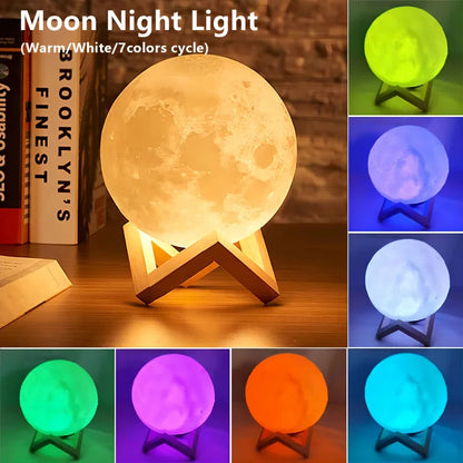 Collage of color-changing moon lamp showing green, red, blue, yellow, violet, white, sky blue, and warm light on a wooden stand