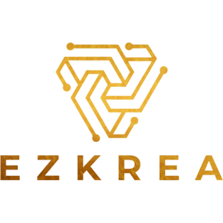 Logo of EZKREA with a geometric design in gold on a white background