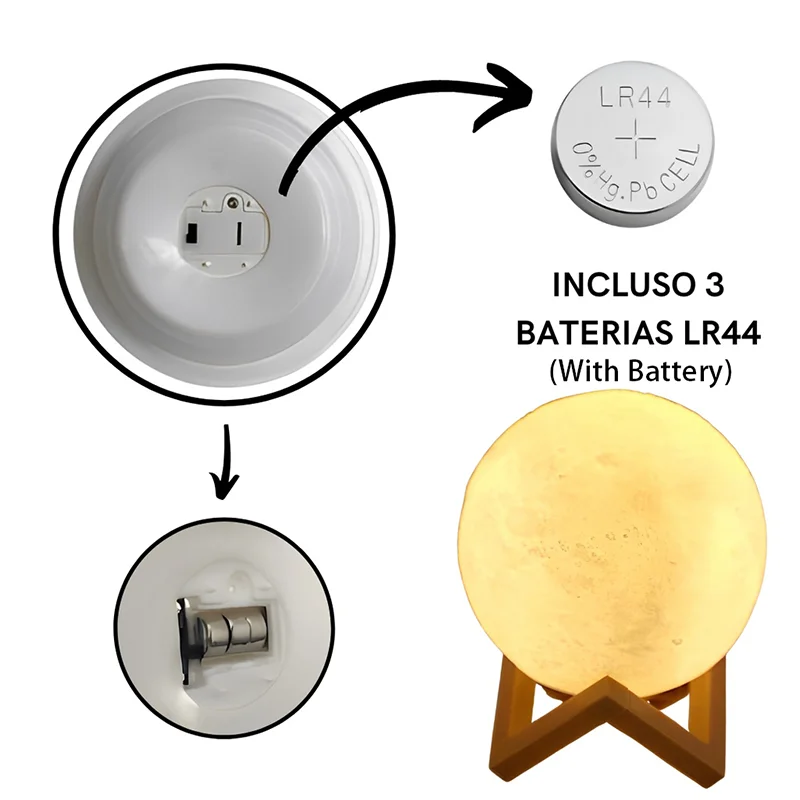 Step-by-step instructions showing how to insert batteries into the moon lamp, with one battery labeled, warm light moon lamp, and lamp base displayed