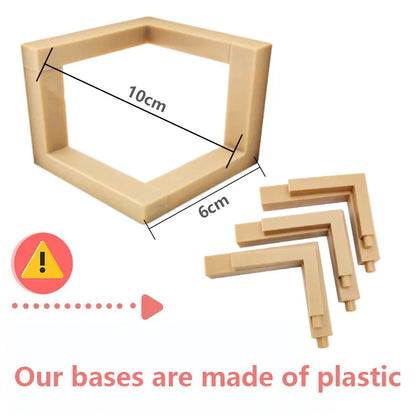 Moon lamp wooden stand shown assembled and disassembled, highlighting the plastic base and assembly feature